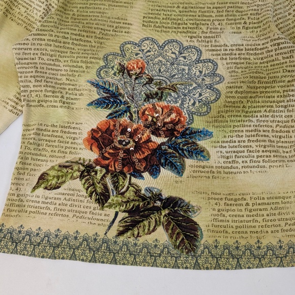Y2K 3/4 Sleeve Beaded Top Graphic Letters Print Western Beading Flowers Floral - Picture 3 of 7